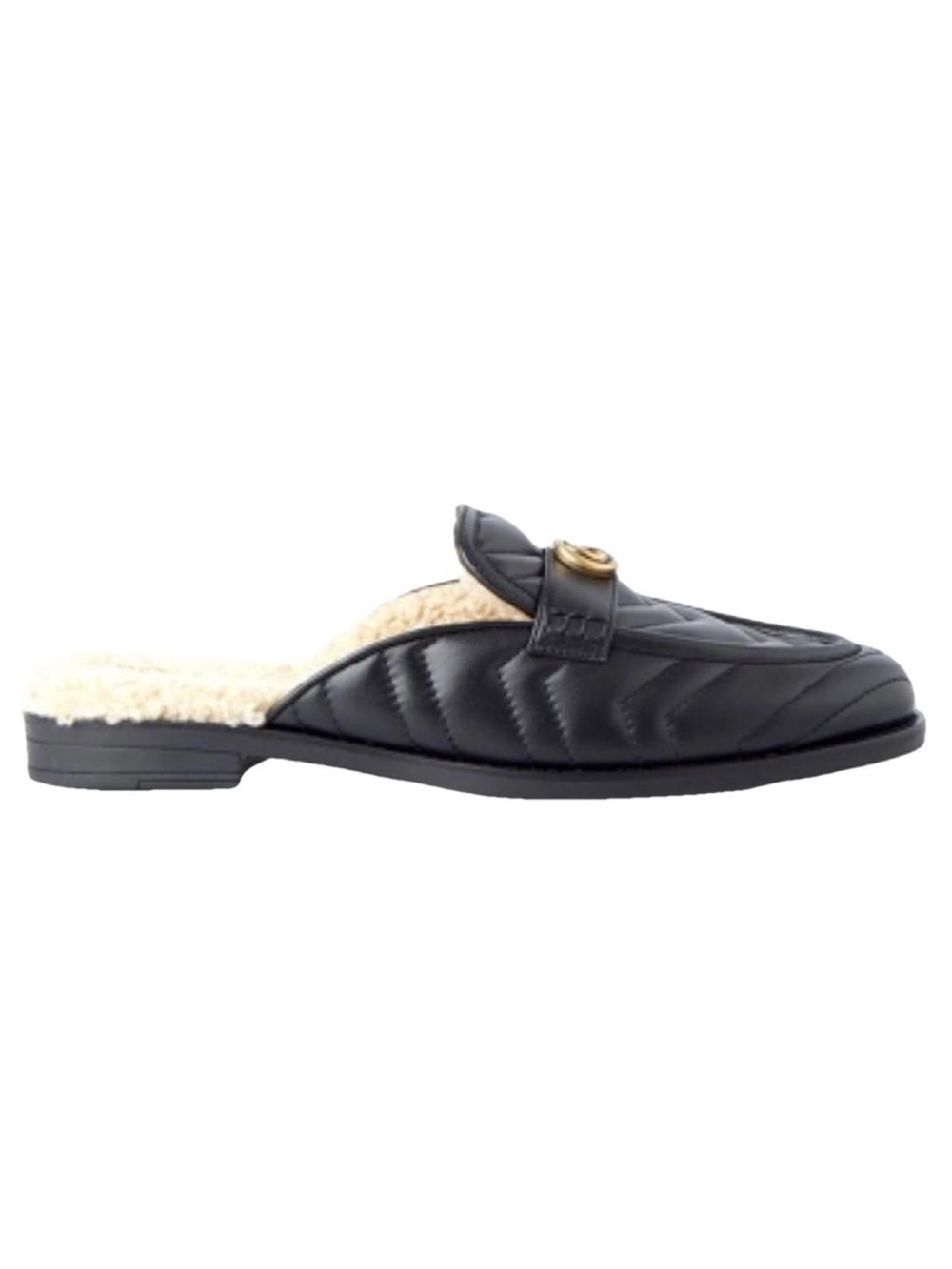 GUCCI Marmont GG logo quilted leather shearling mules slippers flats